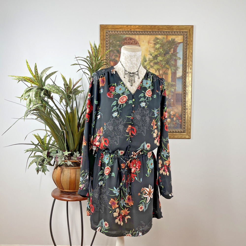 Fleur Bleue Women' Size 6 Floral Shirt Dress Black Long Sleeve Tie Waist Peasant
